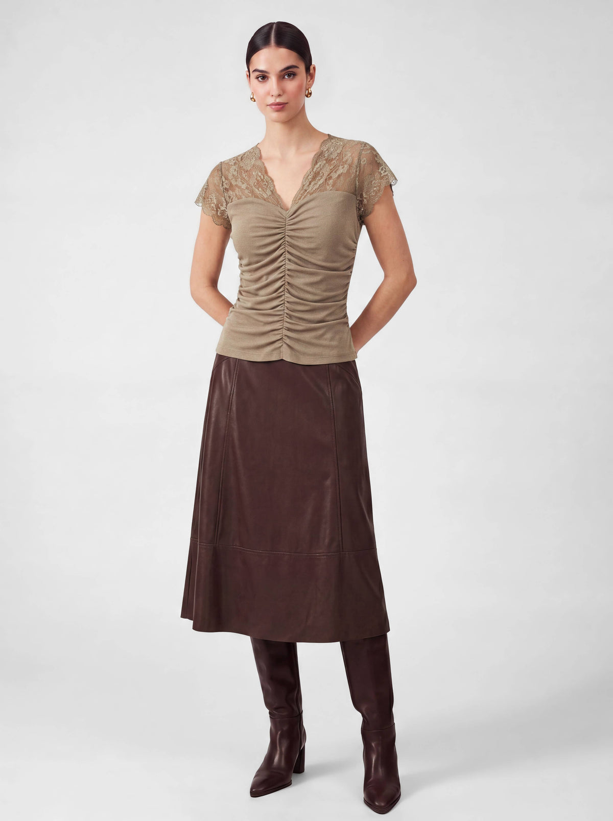 Ruched Knit Lace V-neck Top