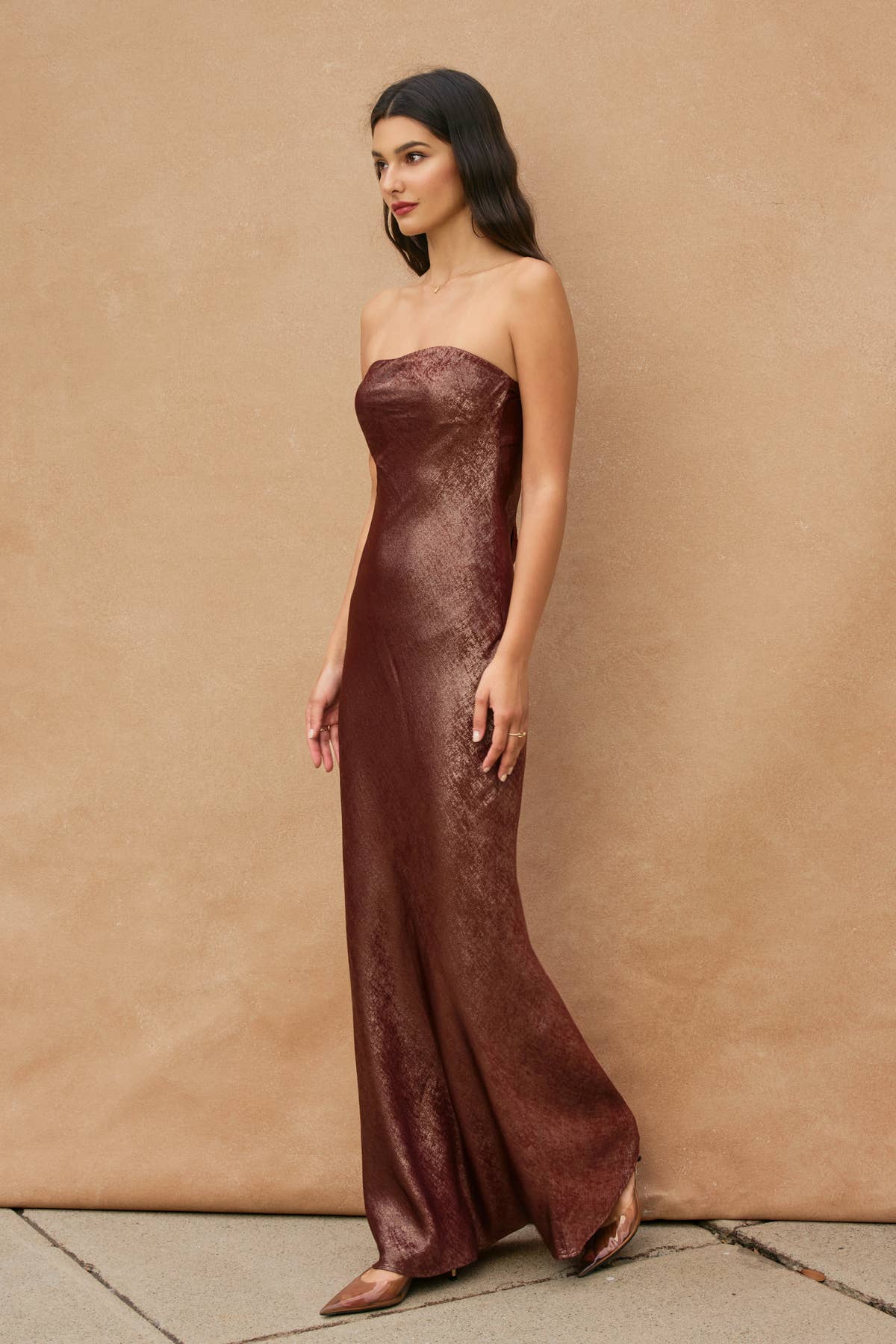 Dress Forum Metallic Strapless Draped Back Maxi Dress