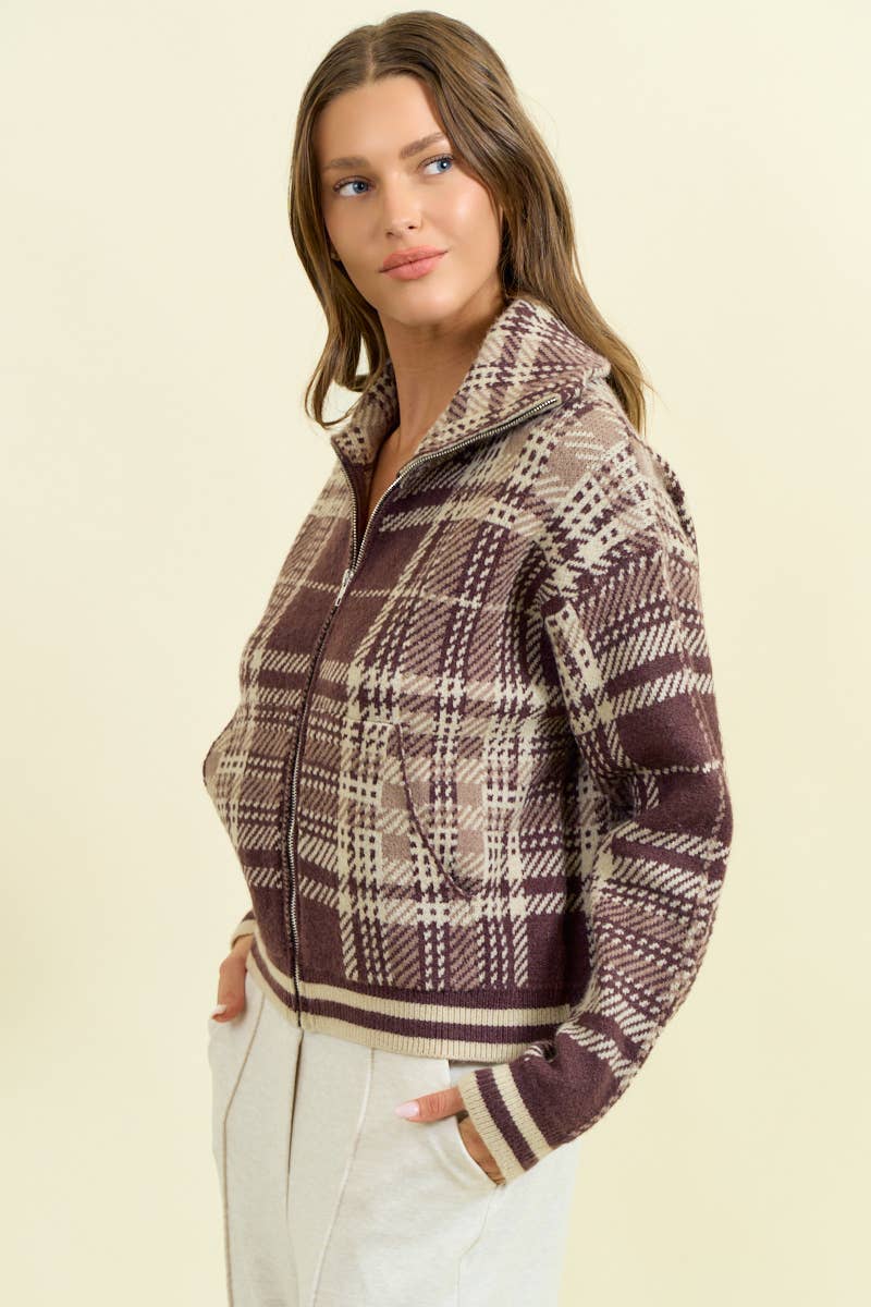 Plaid Two-Way Zip Sweater Jacket