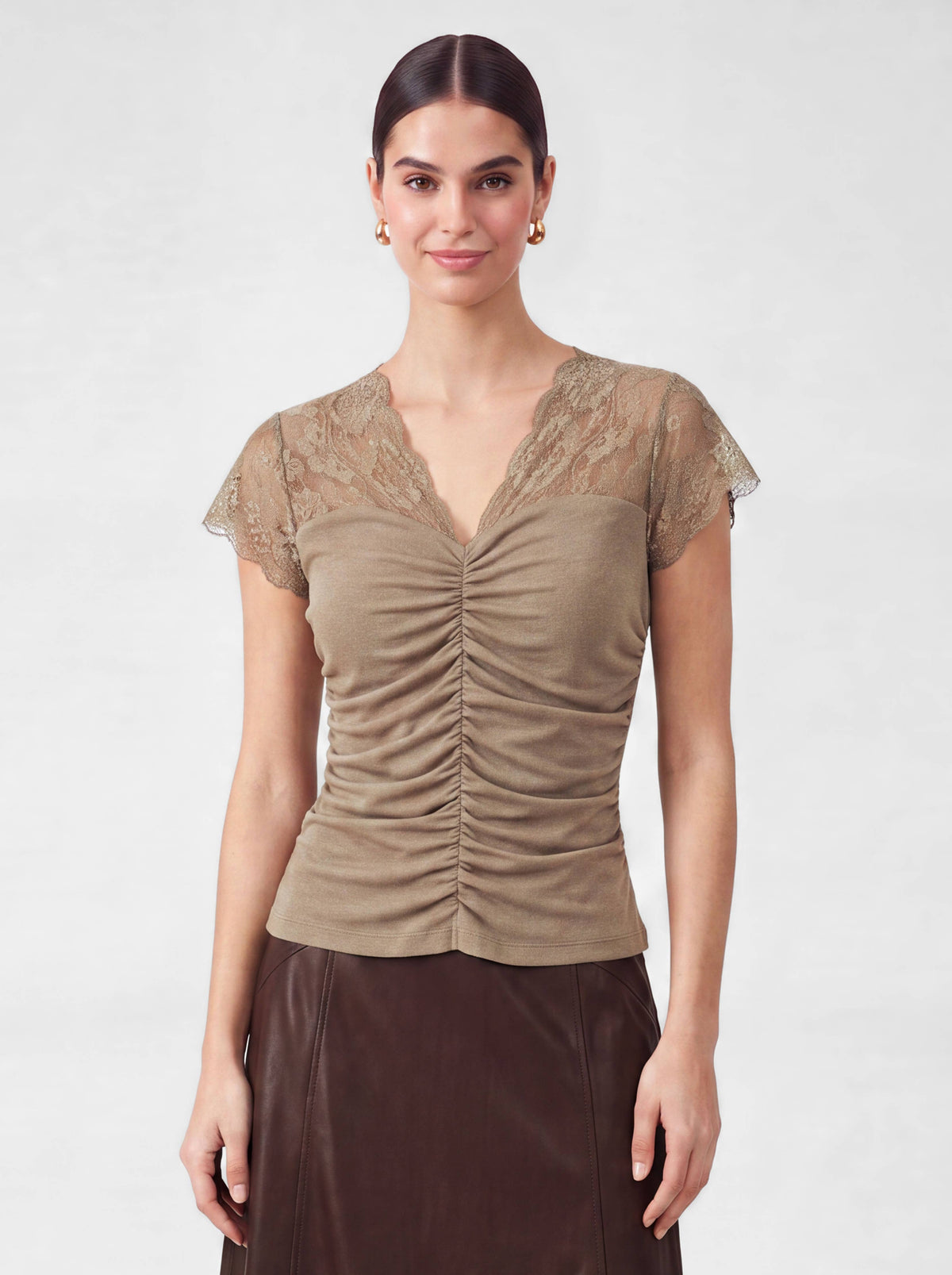 Ruched Knit Lace V-neck Top