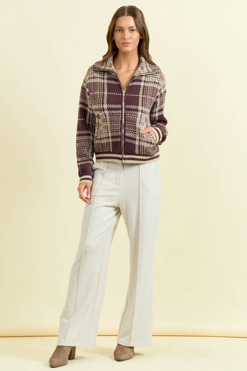 Plaid Two-Way Zip Sweater Jacket