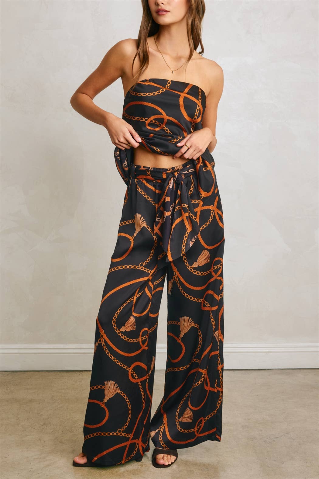 Conversational Satin Bandeau & Wide Leg Pant Set