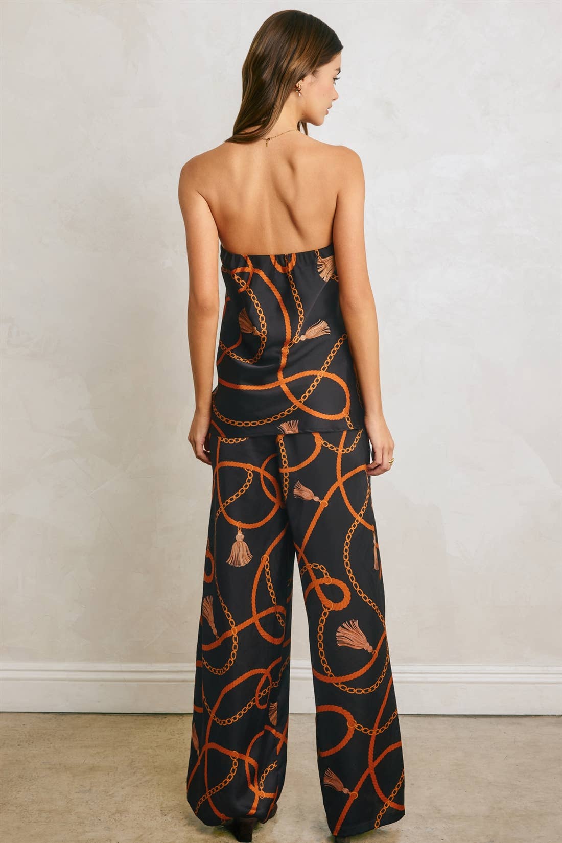 Conversational Satin Bandeau & Wide Leg Pant Set