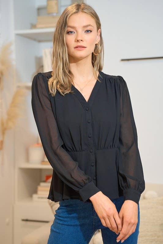 Ruched Peplum Button-Down Blouse