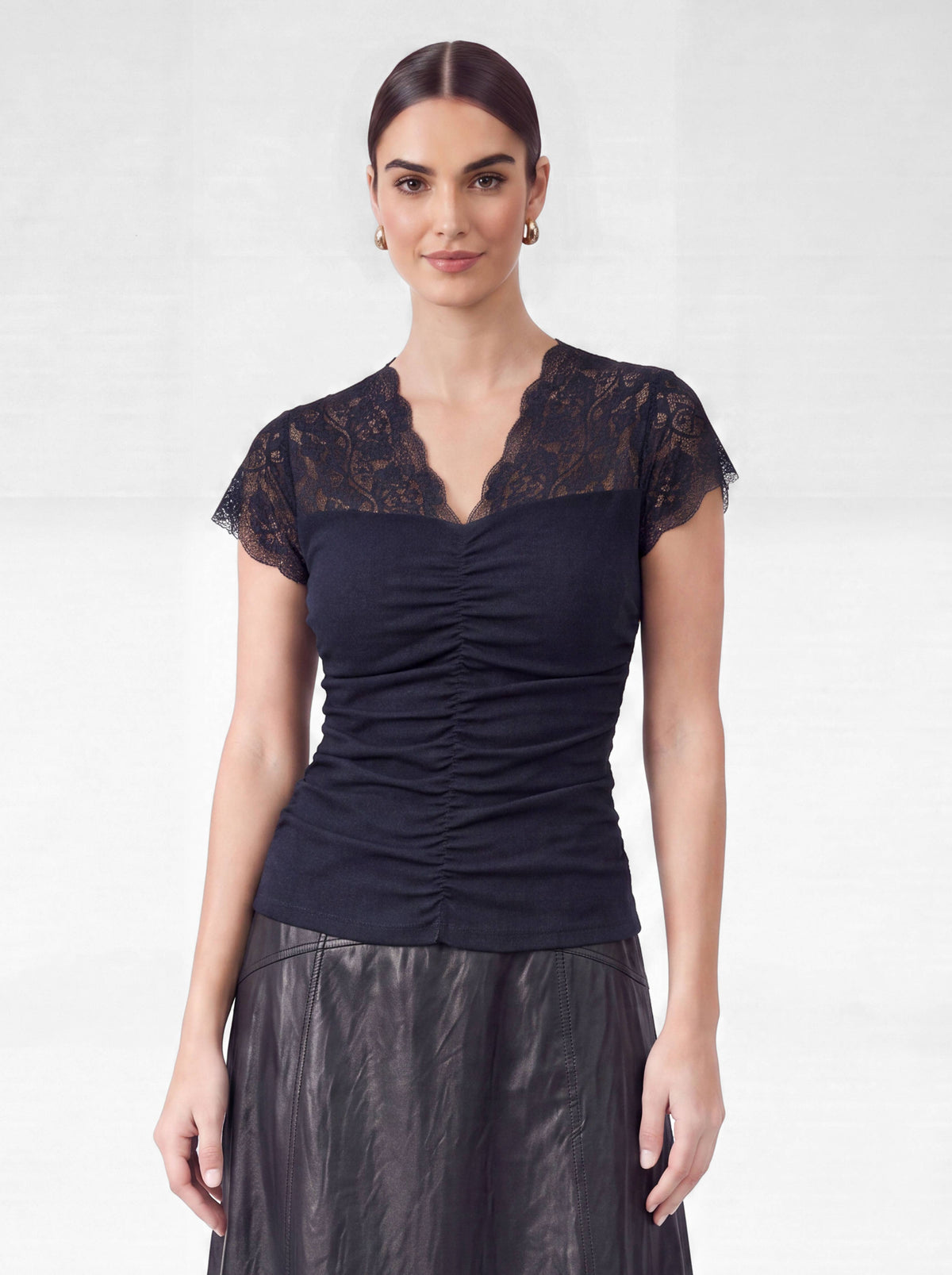 Ruched Knit Lace V-neck Top