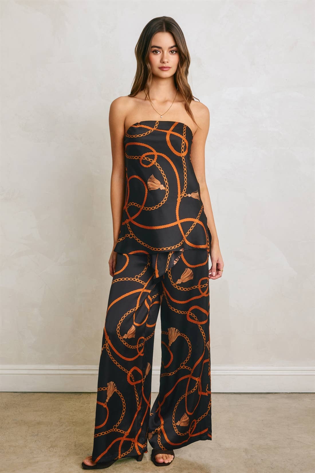 Conversational Satin Bandeau & Wide Leg Pant Set