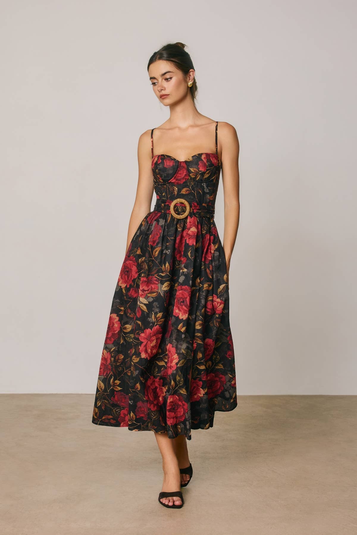 Floral Bustier Sweetheart Midi Dress