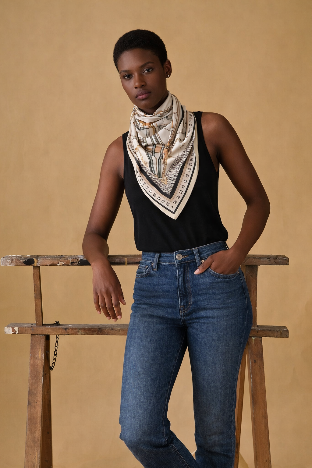 Square Ivory / Gold Luxe Tack Poly Scarf
