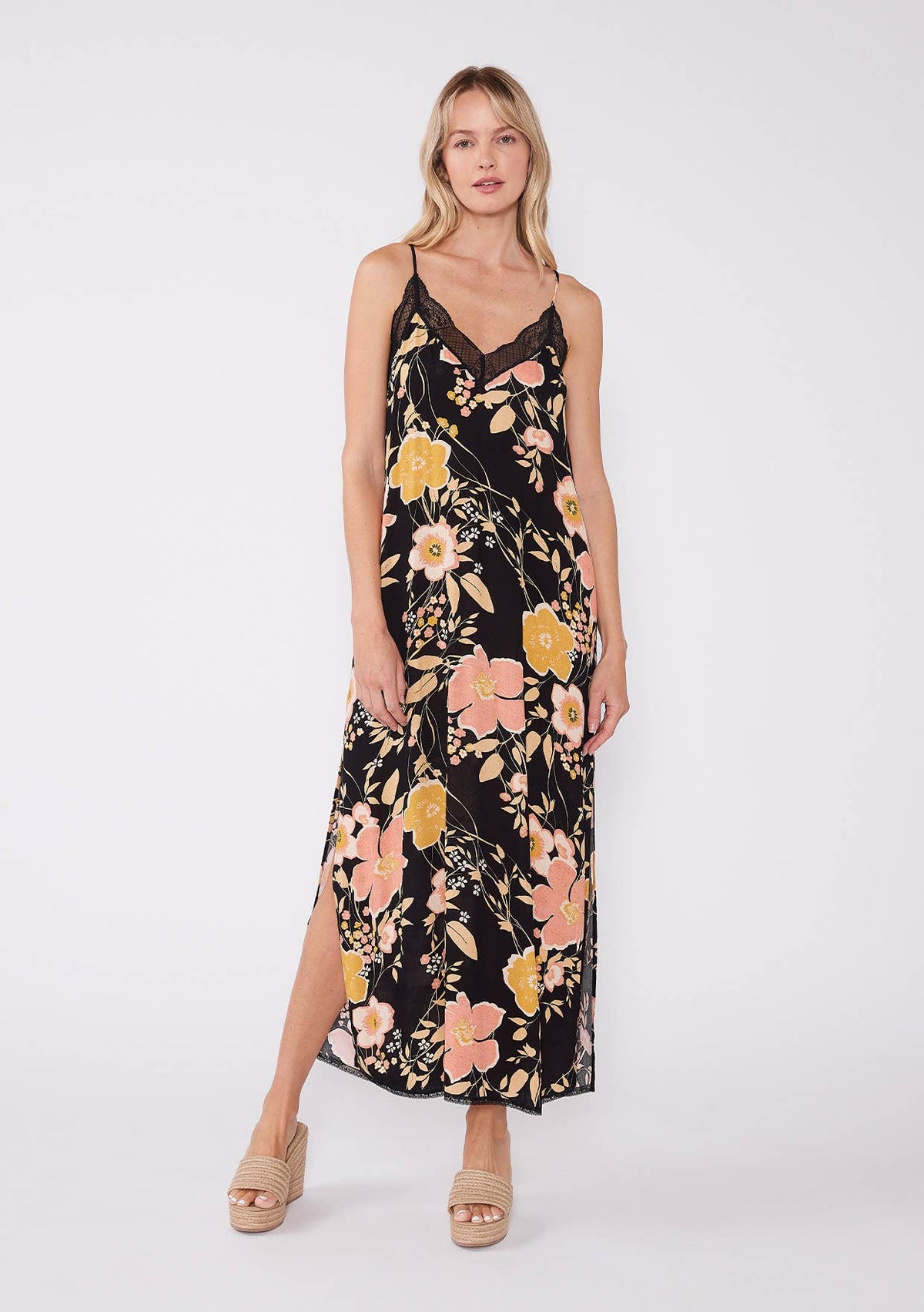 Floral Lace Trim Maxi Dress