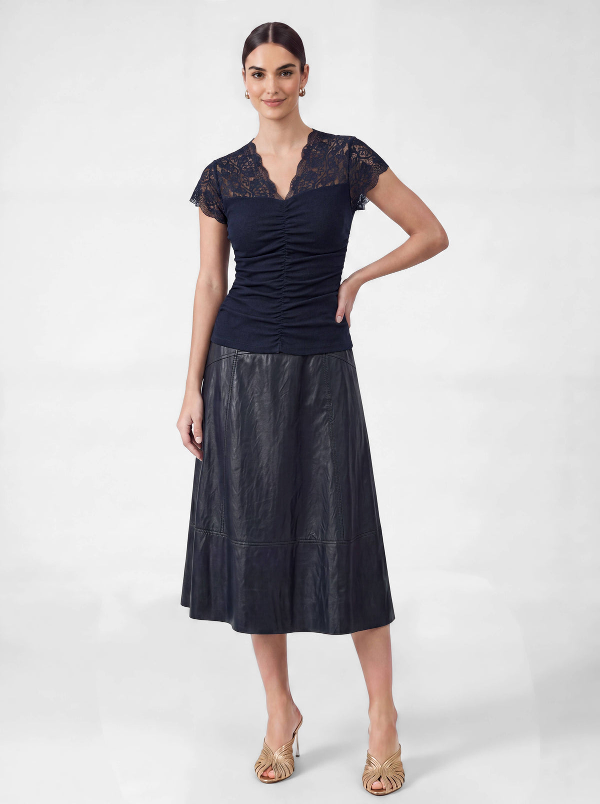 Ruched Knit Lace V-neck Top