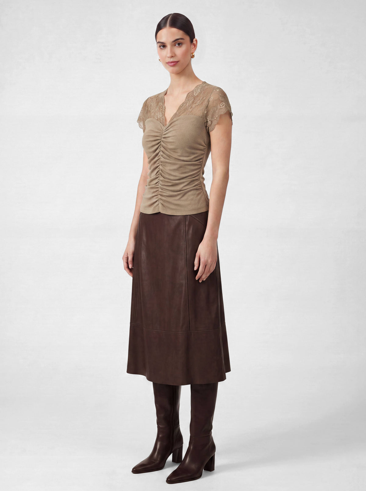 Ruched Knit Lace V-neck Top