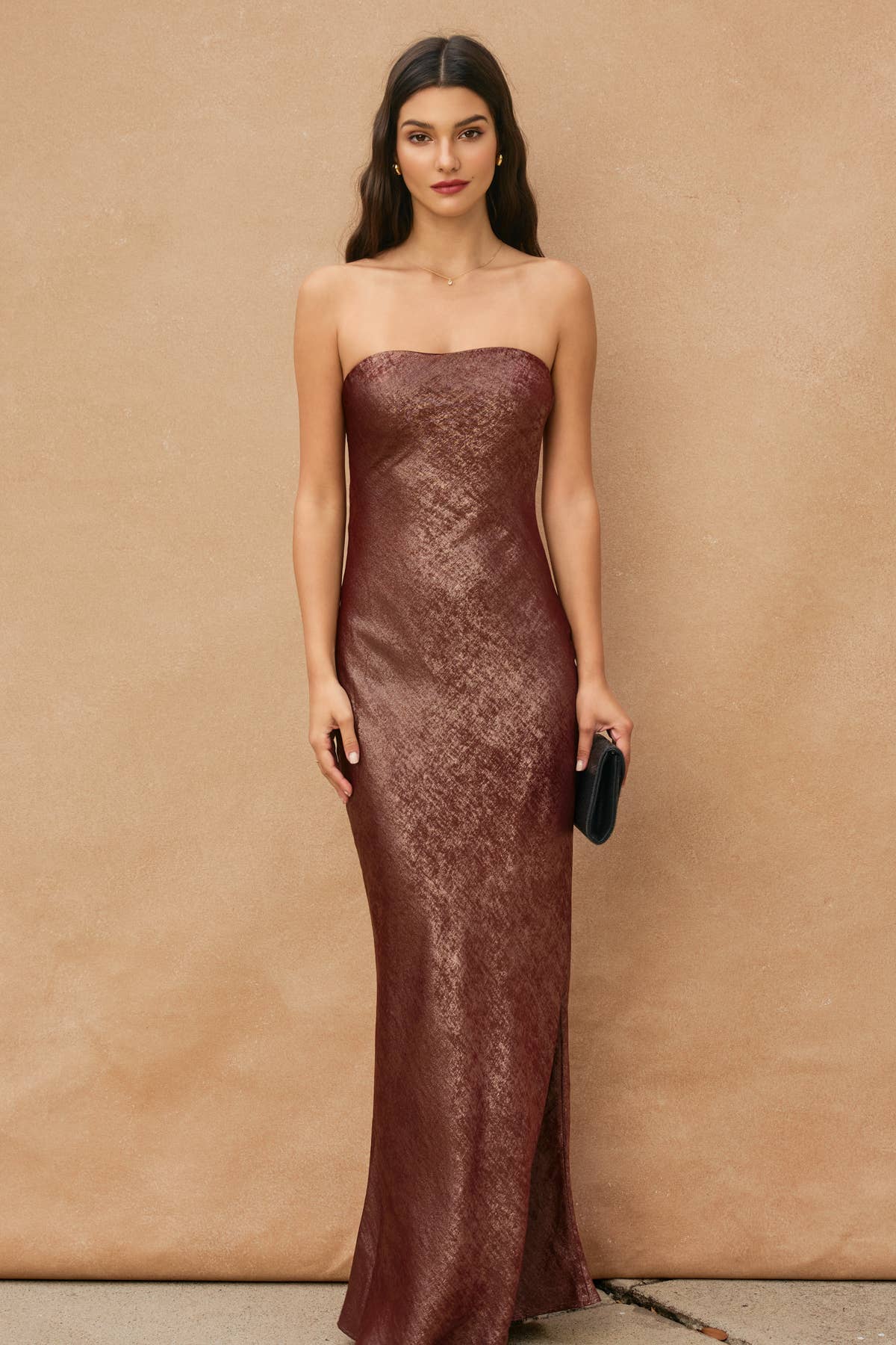 Dress Forum Metallic Strapless Draped Back Maxi Dress