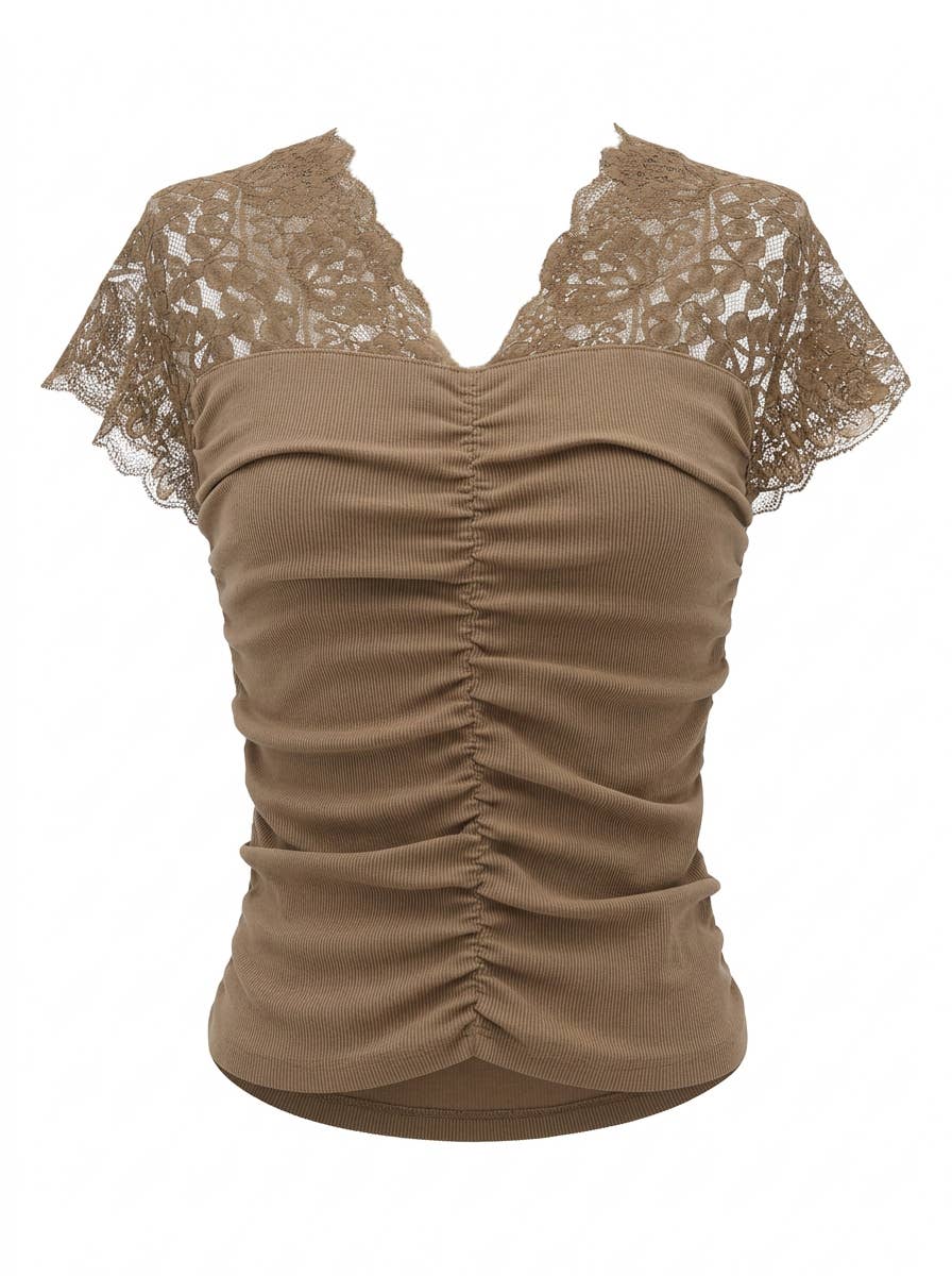 Ruched Knit Lace V-neck Top