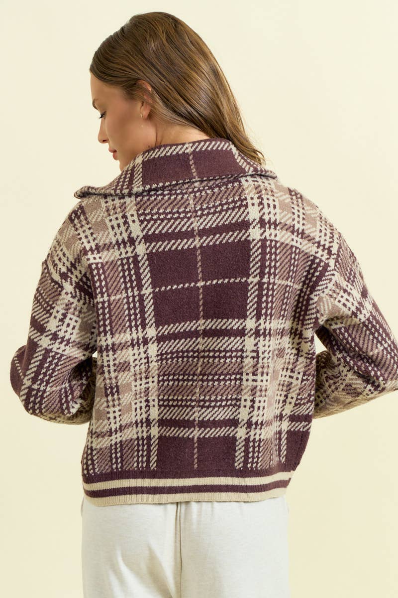 Plaid Two-Way Zip Sweater Jacket