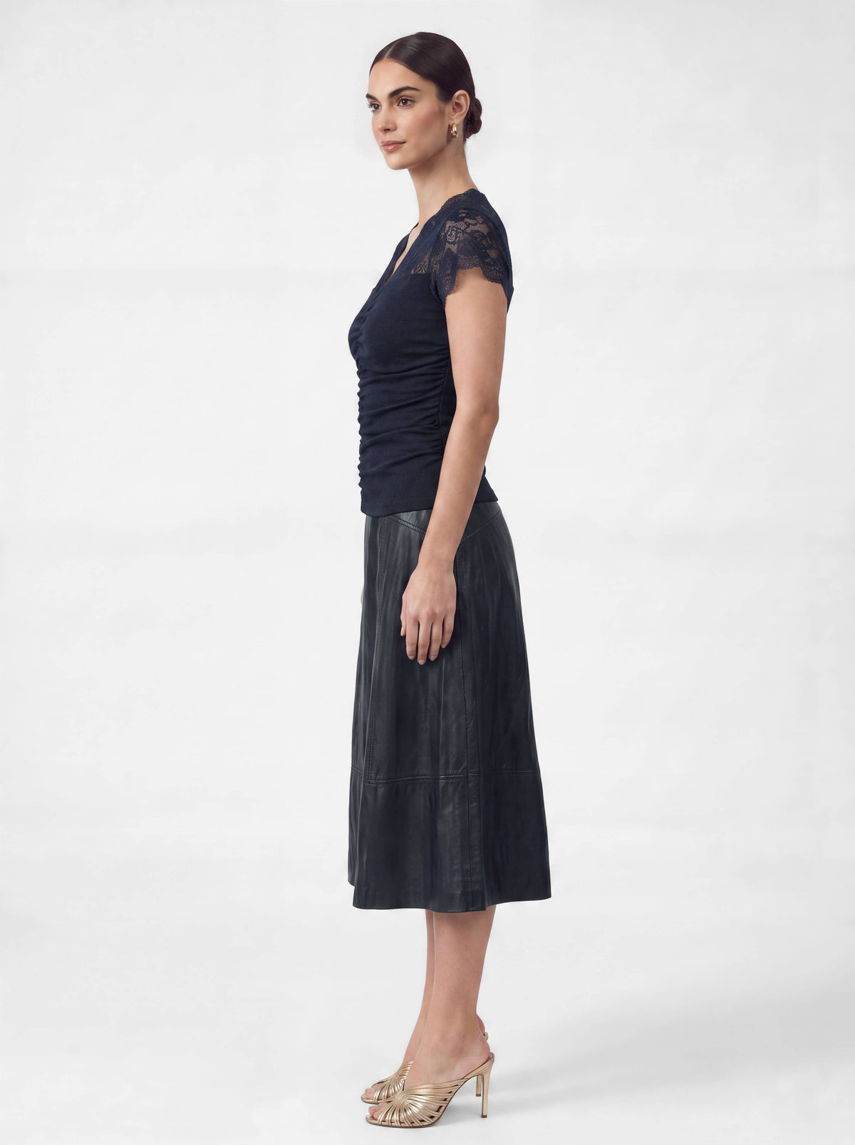 Ruched Knit Lace V-neck Top