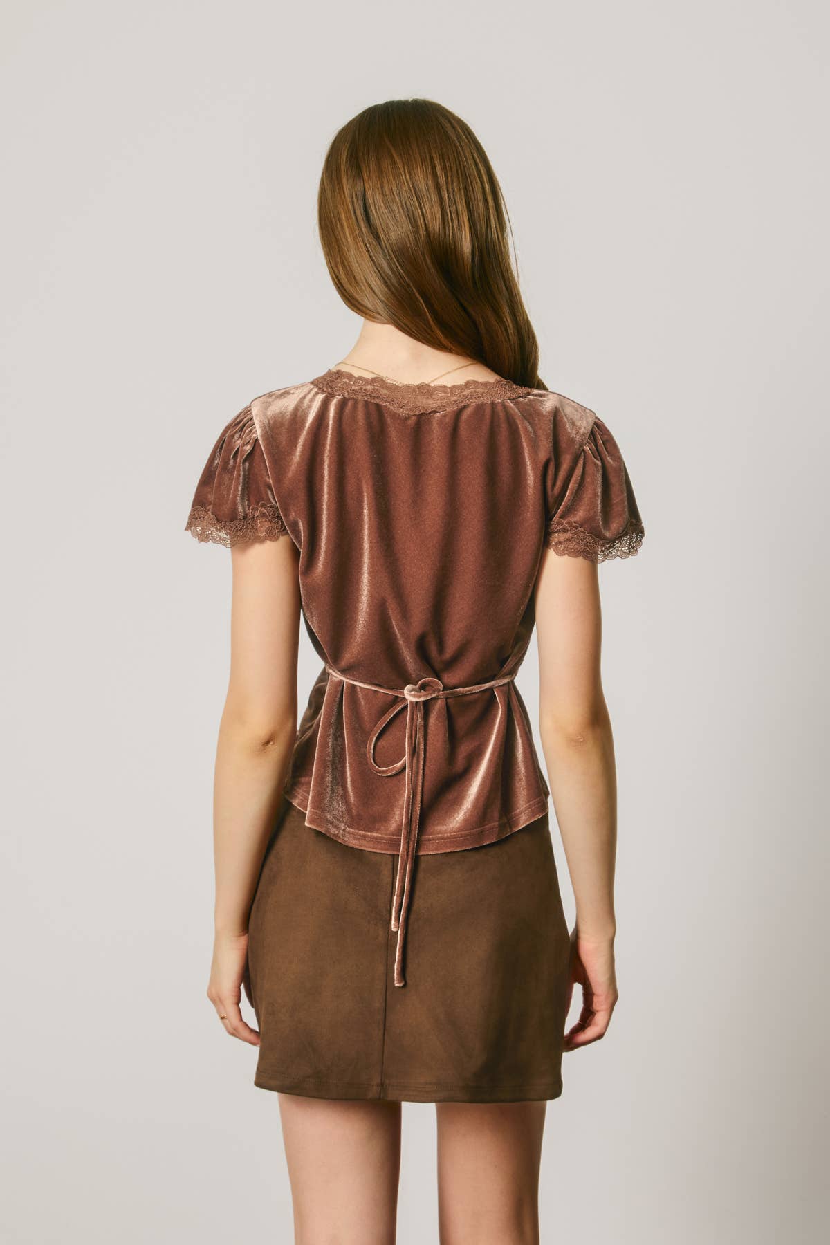 Velvet Lace Trim Short Sleeve Top