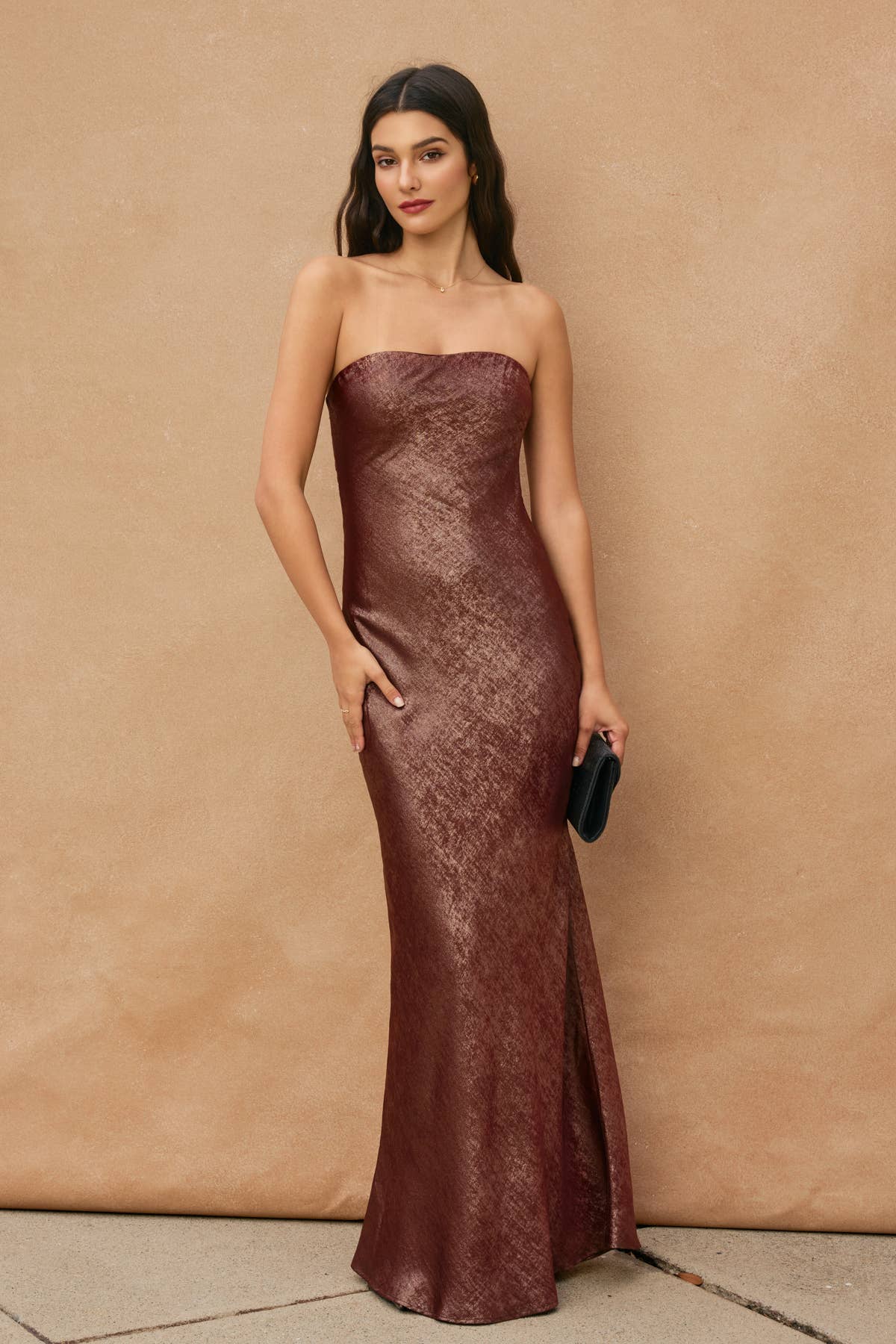 Dress Forum Metallic Strapless Draped Back Maxi Dress