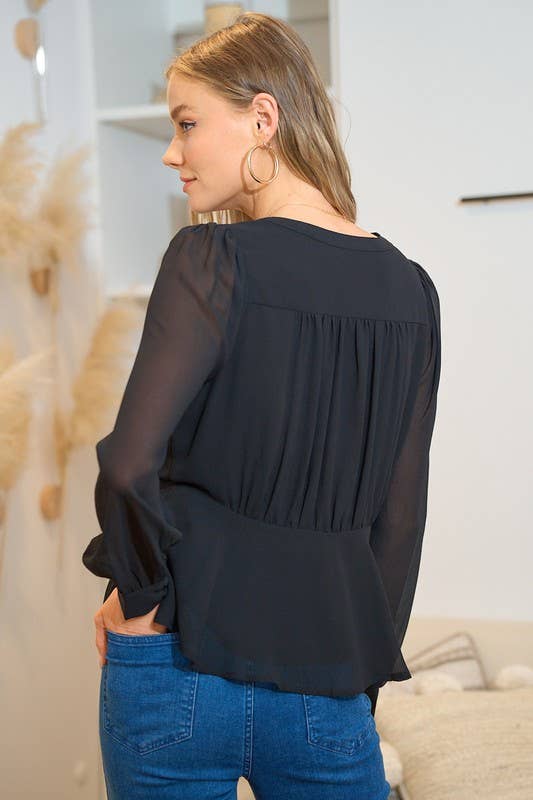 Ruched Peplum Button-Down Blouse