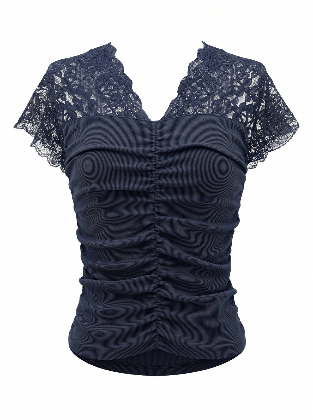 Ruched Knit Lace V-neck Top