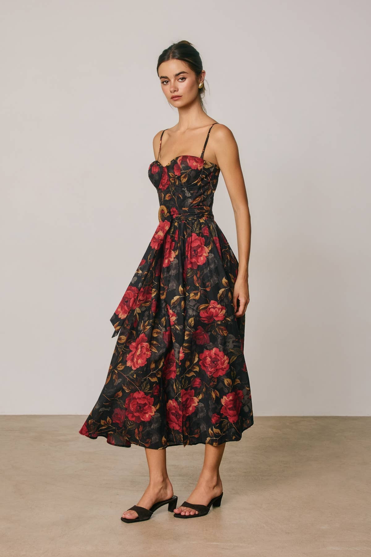 Floral Bustier Sweetheart Midi Dress